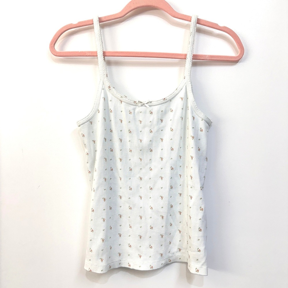 BP Ribbed Floral Tank Top Large White Ditsy Floral Bow Cottagecore Coquette